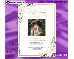 Ivory Roses Funeral invitation template, Funeral Announcement, (123)